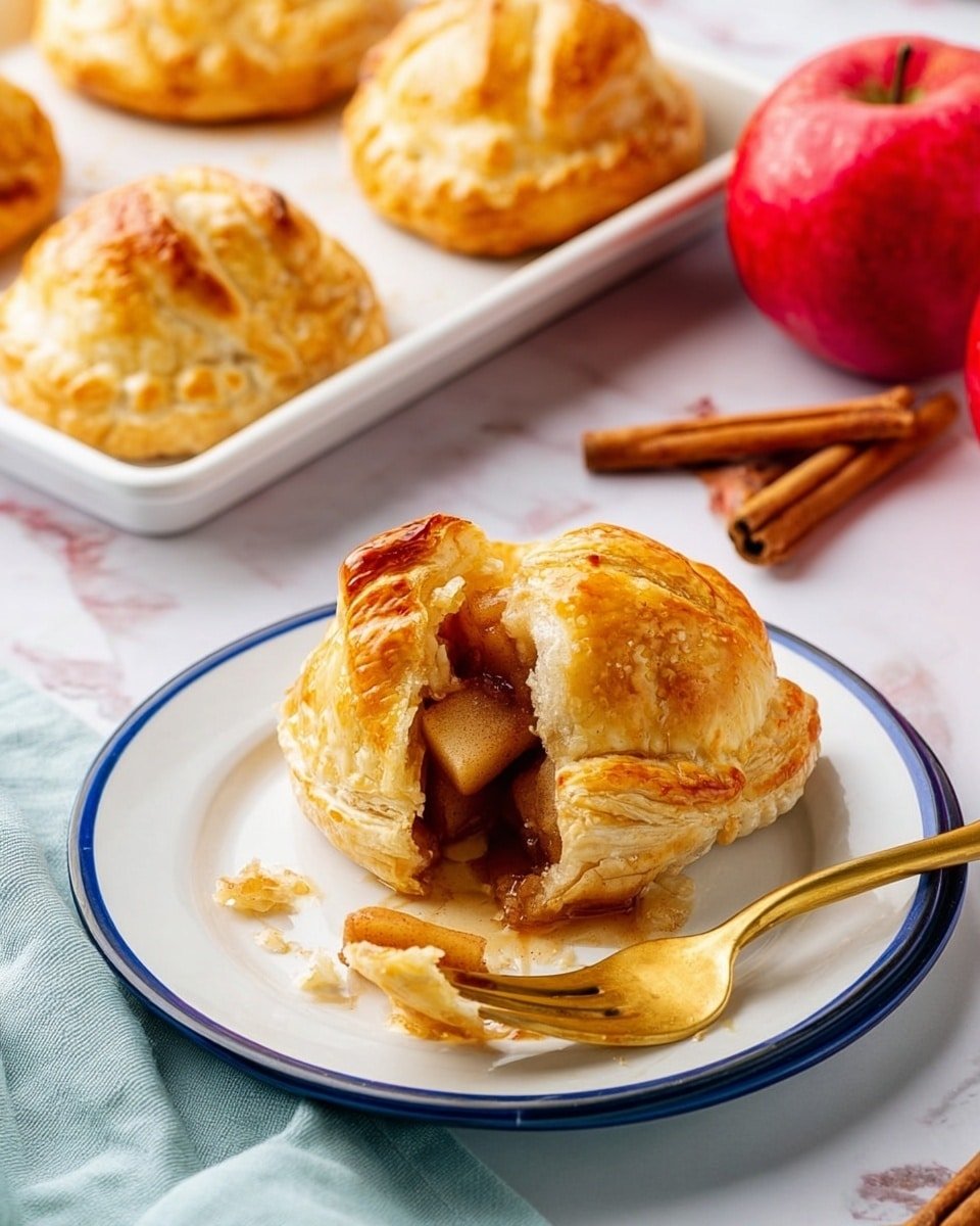 The image shows a golden brown apple pastry on a white plate with a blue rim. The pastry has a flaky, crisp crust with a warm, slightly shiny surface and is partially open, revealing soft, caramel-colored apple filling inside. A gold fork touches the pastry at the front right, resting on the plate. In the background, there is a white tray with several similar golden pastries. The setting includes two bright red apples to the right and a few cinnamon sticks scattered around on a white marbled surface, with a light blue napkin partly visible at the lower left. Photo taken with an iphone --ar 4:5 --v 7